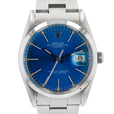 Rolex Oyster Perpetual Date 1500 Rare Blue Index Dial Oyster Band 34mm Watch