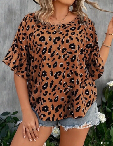 Womens Plus size 18 Shirt Leopard print Crew Neck Ruffle Sleeve