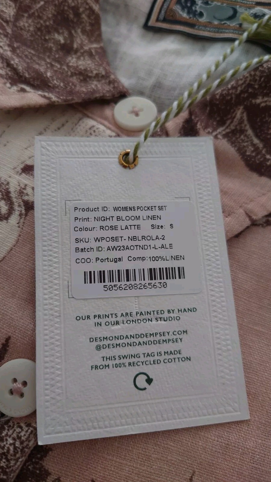 Desmond & Dempsey Pocket Pyjama Shirt Only Night Bloom Print Rose Latte Linen S