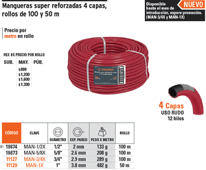 TRUPER MAN-3 4X 3 4 'hose, super reinforced, 4 layers, 100 m TRUPER MAN-3 4X 3 4 'hose, super reinforced, 4 layers, 100 m