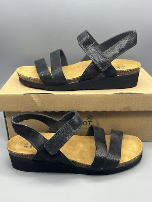 NAOT Sequent Black Leather Kayla Low Wedge Strappy Sandals Size EU 38 US 7 NWB!
