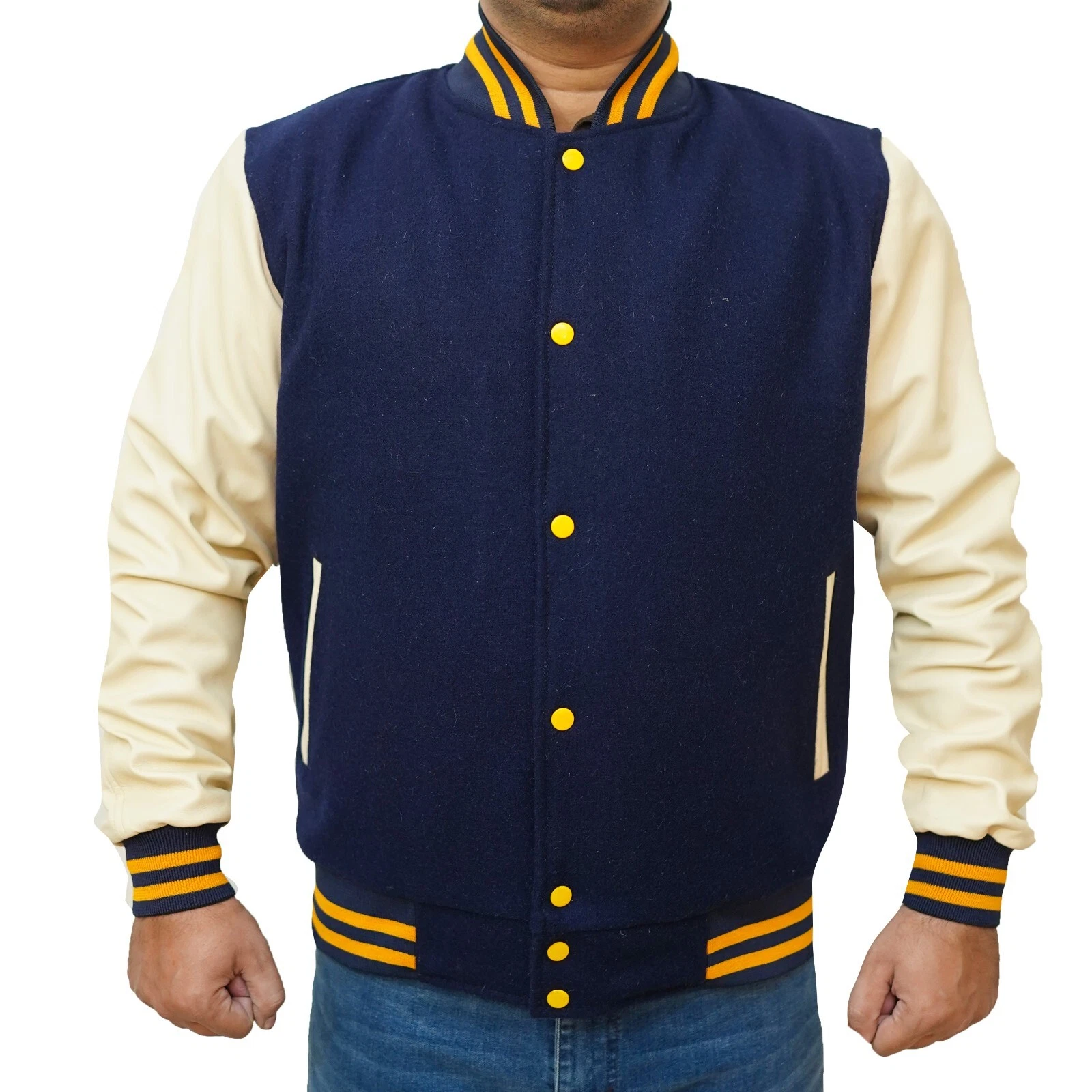 Men's College Baseball Biker Bomber Navy & White Wool & Leather Varsity Jacket