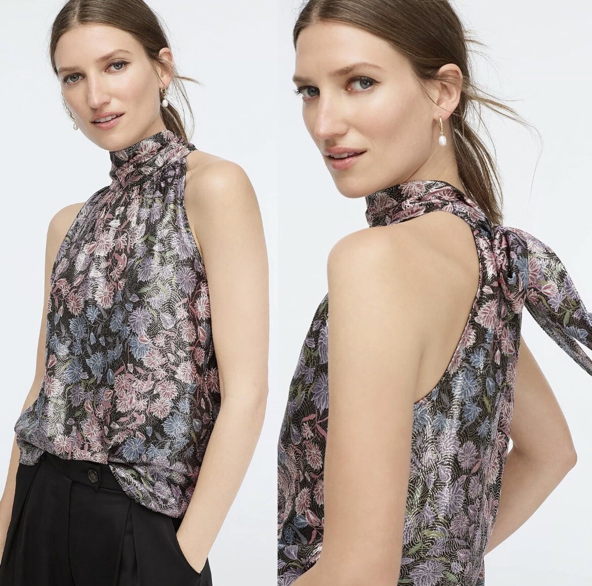 J Crew Collection Tie Neck Halter Top in Shimmering Metallic Floral Large |  eBay