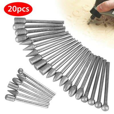 20Pcs 1/8'' Diamond Burr Bit Set Cutting Carving Grinding for Dremel Rotary Tool