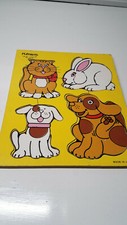 ANIMALS Vintage Playskool Wood Board Puzzle 180-08 4 PIECE BUNNY CAT DOGS