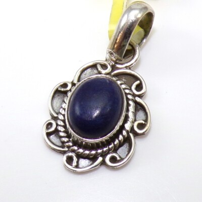 Small Sterling Silver Artisan Crafted Oval Blue Lapis Scroll Cable Pendant FZ1