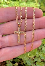 CZ Cross Necklace for Womens Mens Crucifix Charm Pendant Figaro Link Chain 2.5mm