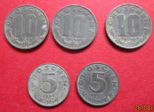 AUSTRIA  COLLECTION OF 5 VINTAGE FIVE & TEN ALUMINIUM COLLECTABLE GROCHEN COINS 