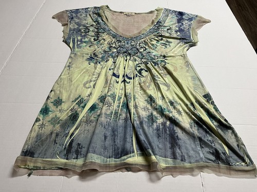 One World womens shirt green and blue studded mesh back size medium