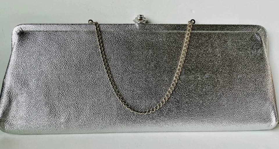 VTG 50'S-60'S XL LONG METALLIC SILVER FAUX LEATHER CLUTCH BAG PURSE SNAP FRAME - Image 4 of 4