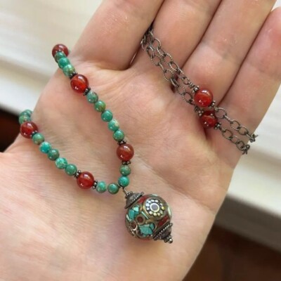 Tibetan Turquoise Coral Carnelian Necklace Artisan Handmade Studio Jewelry Art
