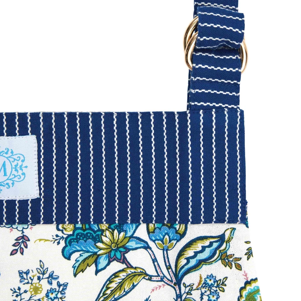 Delantal de lujo de diseñador | Diseño de estampado floral exclusivo, tejido a rayas azul marino,... Foto 2 de 4