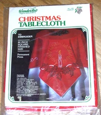 WonderArt Red Christmas Tablecloth Embroidery Kit #1490 CANDLES 42 in Sq. NOS