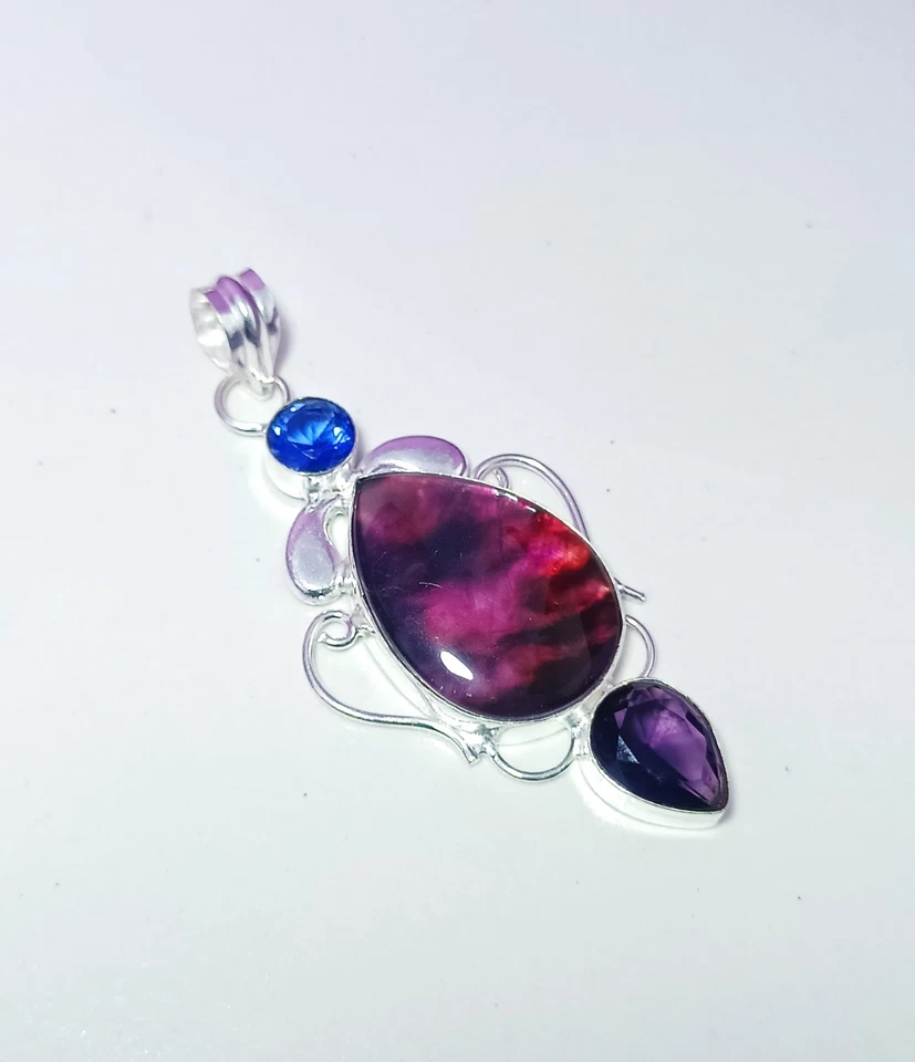 Doble Ópalo - Destello de Mahroón, Amatista, Topacio Azul Colgante de Plata de Ley 925 Foto 4 de 4