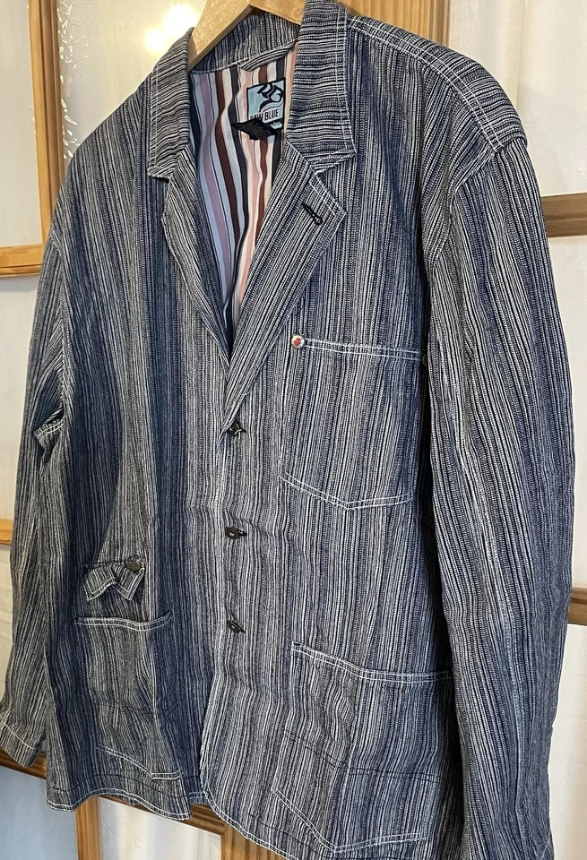 80s Raw Blue Denim Blazer Sports Jacket Mens 2XL Blue White Stripes Athleisure - Image 3 of 4