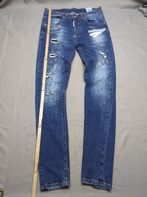 Dsquared2 Slim Fit Jeans Mens W32 L32 Blue Distressed Paint Splatter Designer De