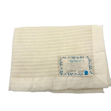 VTG Baby Pepperell Waffle Thermal Satin Trim Baby Crib Blanket Ivory 36” X 50”