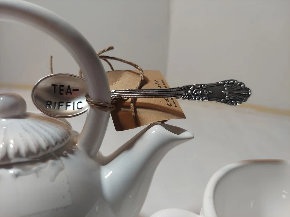 Mud Pie Tea Pot & Tea Cup Set w/ Spoon Steep Right Up Always In Hot Water New - Image 4 of 4