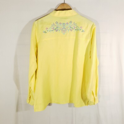 Susan Graver Size M Linen Long Sleeve Top Yellow Embroidered Bead Button Up