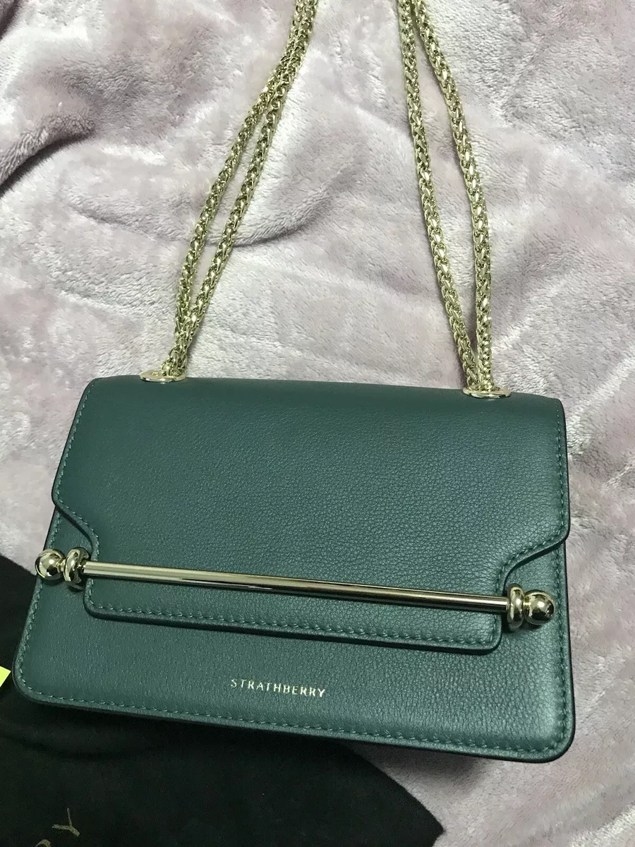 *New* Strathberry East West Mini green croc-embossed handbag, orig. $645