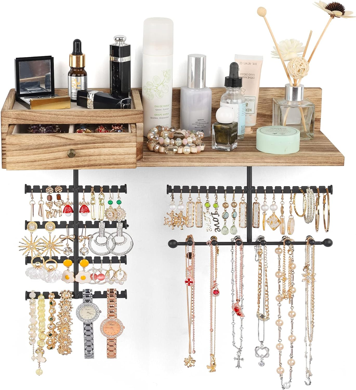 Rustic Wood Drawer Wall-Mounted Jewelry Organizer Holder  -image