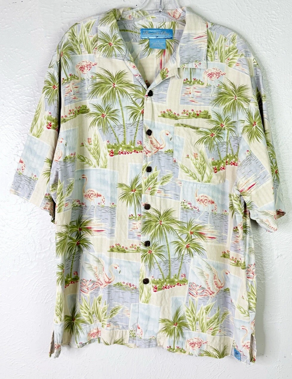 Bermuda Bay Men L Large Tropical Hawaiian Shirt Palm Flamingo 100% Silk EUC