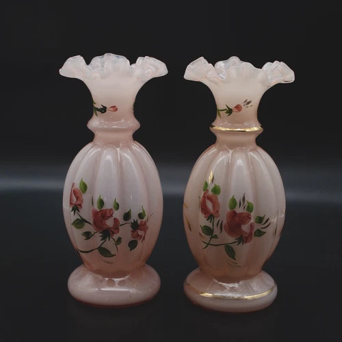 Vintage Fenton Pale Pink Glass Melon Shaped Vase Set painted Flowers Ruffled Top