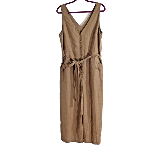 ZARA WOMAN SIZE LARGE BEIGE SLEEVELESS JUMPSUIT WIDE LEG BUTTON FRONT