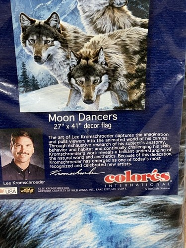 Flag Moon Dancers Wolves by artist Lee Kromschroeder 27" x 41" Decorative USA - Picture 3 of 7