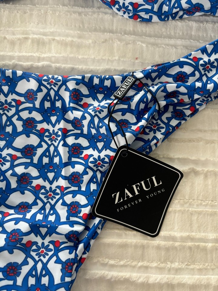 Zaful Bohemian White Blue Red Bandeau Bikini Top Bikini Women’s Size L