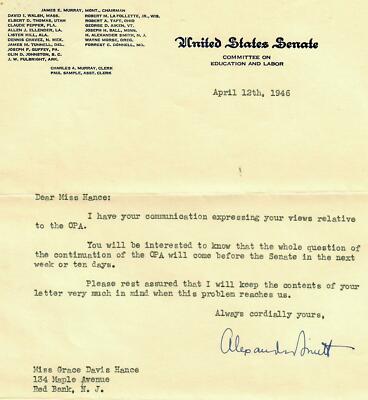 RARE!  New Jersey Senator'' Howard Alexander Smith Hand Signed TLS Dated 1946