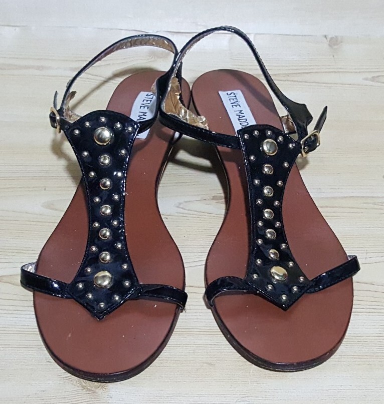 Steve Madden Studded Black Ankle Strap Women's Wedge Sandals Shoes