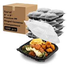 Karat 8"x 8" Premium PP Hinged Container, 3 compartments with Segmented Lid