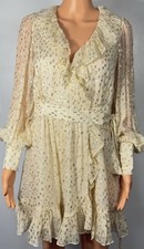 ZIMMERMANN Brighton Ruffle Wrap Mini Dress Gold Metallic Dot Silk Size 1