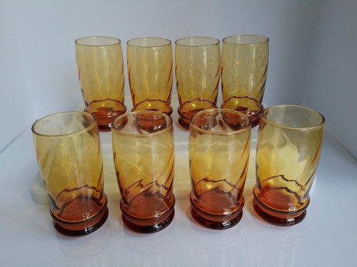 Set of 8 Vintage LIBBEY Gold Optic Swirl Amber Glasses Tumblers 5 3/8" 12 oz