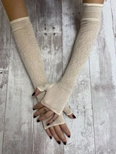 Antique Victorian White Over the Elbow Fingerless Lace Opera Gloves Pink Details