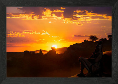 Etosha Sonnenuntergang mit Himba Gerahmtes Wandbild Poster Leinwanddruck Bild