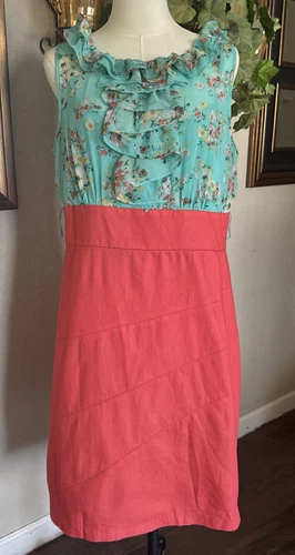 Abito Alyx Impero Floreale Blocco Colore Increspato Senza Maniche Teal Corallo Donna Tg 14