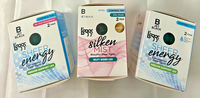 L'eggs Sheer Energy/Silken Mist Control Top Tights Size B Jet Black Color 6 Pair