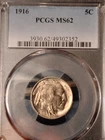 1916 p Buffalo Nickel Ms-62 graded by PCGS with some gold toning