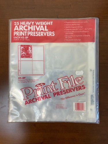 Print File 45-8P Archival Print Preservers 4x5 4 quad 3-hole 22 Sheets New Open
