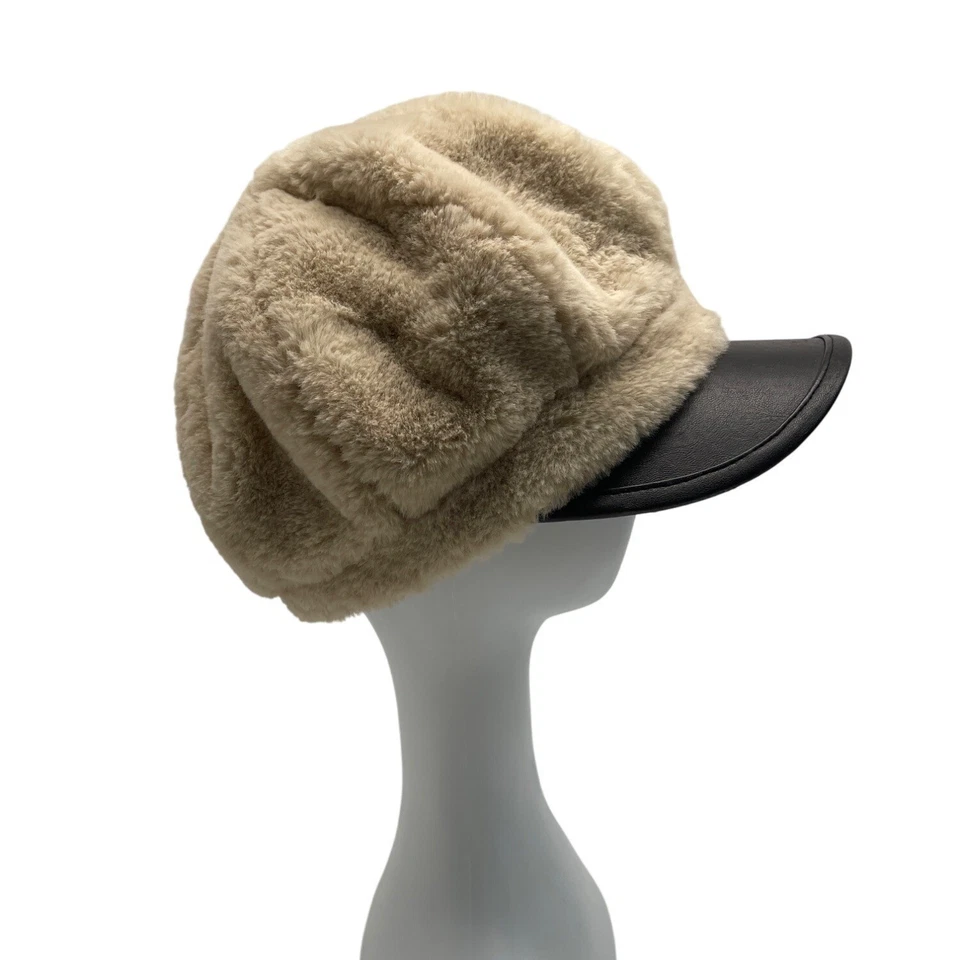复古灵感毛皮米色报童帽黑色人造皮革边框女式 — 第 3/4 张图片