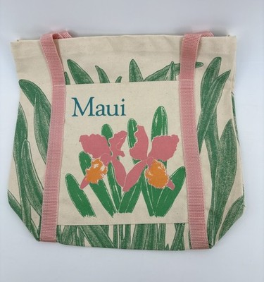 Vintage Maui Hawaii Pastel Canvas Tote Bag Pink Straps Floral Beach Souvenir