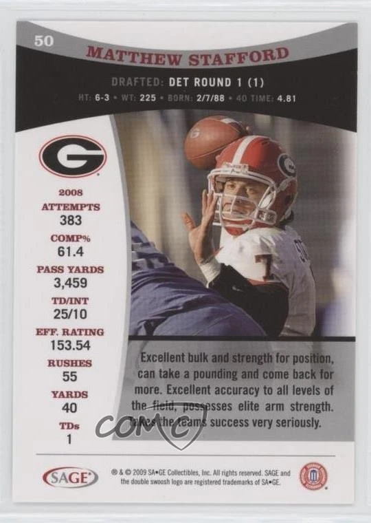 2009 SAGE Matthew Stafford #50 Rookie RC - Image 2 of 2