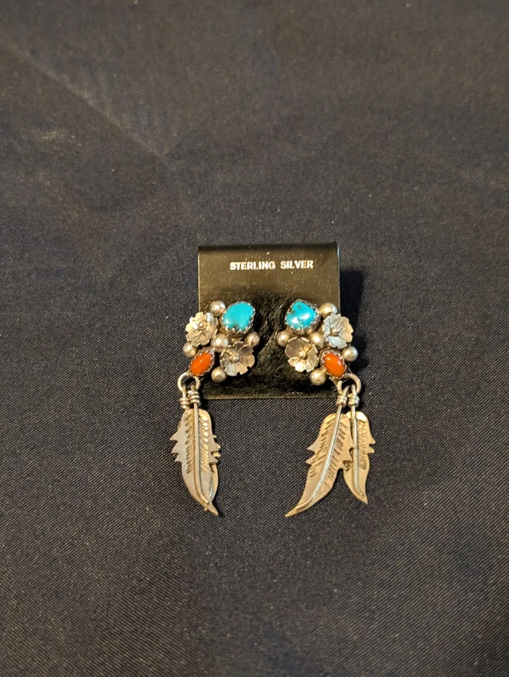 Sterling Silver Flower and Feather Dangle Earrings 7g With Turquoise And Coral - Image 3 of 3