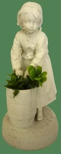 ANTIQUE WHITE PORCELAIN UNGLAZED BISQUE FIGURINE PLANTER GIRL W/BUCKET PAIL