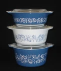 PYREX - 6 pc. -  #471, 472, 473 Blue & White COLONIAL MIST Casserole, Lid Set