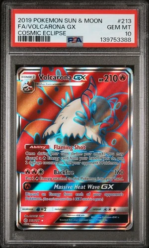 2019 POKEMON SUN & MOON COSMIC ECLIPSE #213 FULL ART/VOLCARONA GX PSA 10