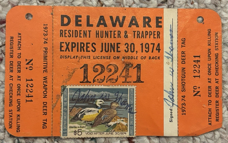 1973-1974 Delaware Hunting License with Duck Stamp