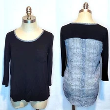 Loveappella High Low 3/4 Sleeve Button Down Back Top Size Small